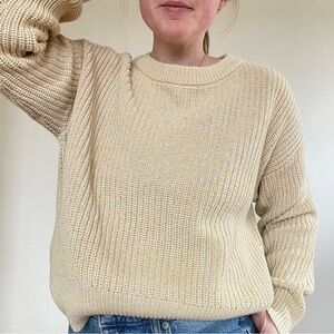 Butter yellow pastel speckled 100% cotton knit sweater with a relaxed fit